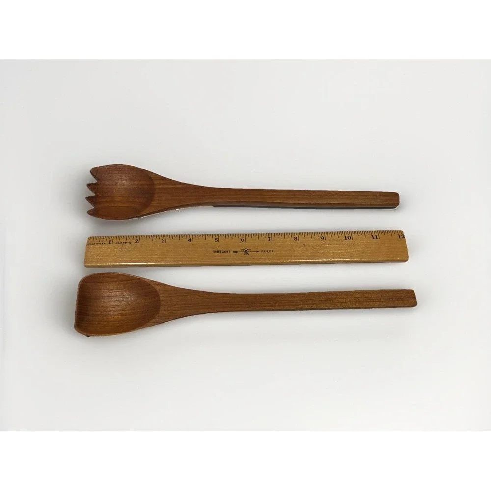 Vtg Teak Wood Salad Serving Set Spoon and Fork Salad Utensils MCM